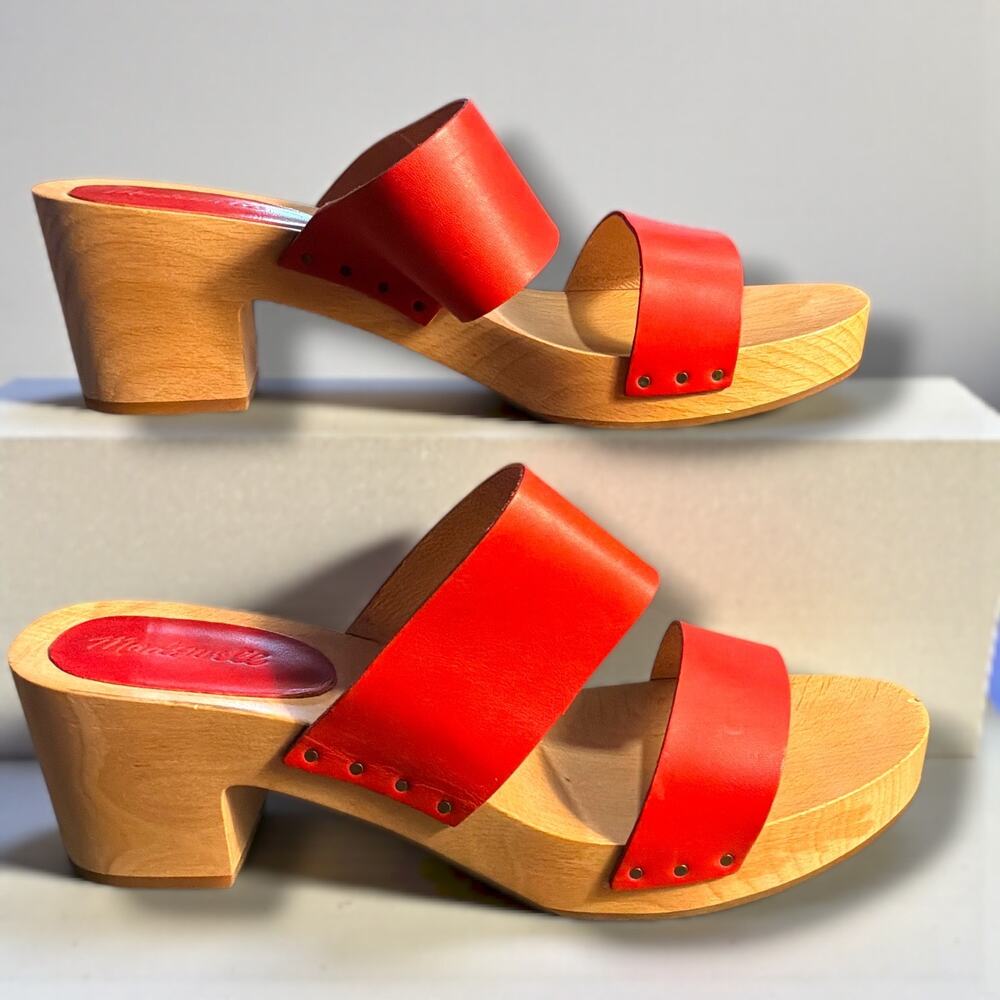 Sz 11 MADEWELL The Clara Clog Sandal Lipstick Red Leather Block Heel Like New
